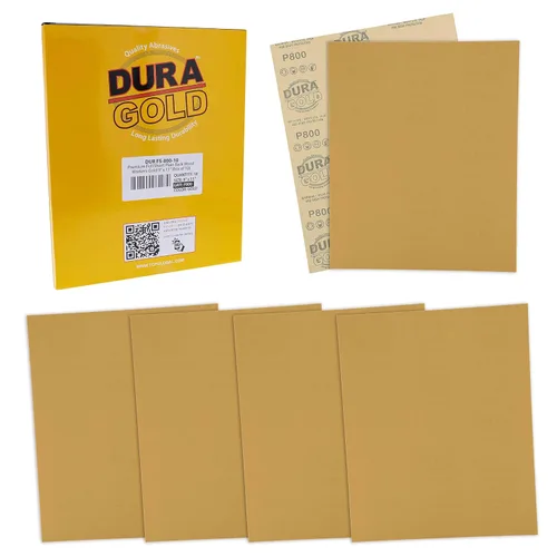 Dura-Gold Hojas de papel de lija dorado prémium de 9 x 11 pulgadas, grano 800 (caja de 10) – carpintería para muebles de madera, pintura automotriz