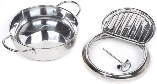 Vista 5 de Olla para freír Tempura - Olla de acero inoxidable 304 para alimentos fritos de 2.2 litros con medidor de temperatura y estante de drenaje de aceite