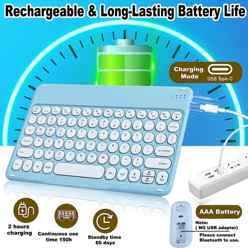 Vista 4 de Combo de teclado y mouse inalámbricos Bluetooth portátil, mini máquina de escribir compacta y delgada, ergonómica, teclado Bluetooth, mouse para Azul