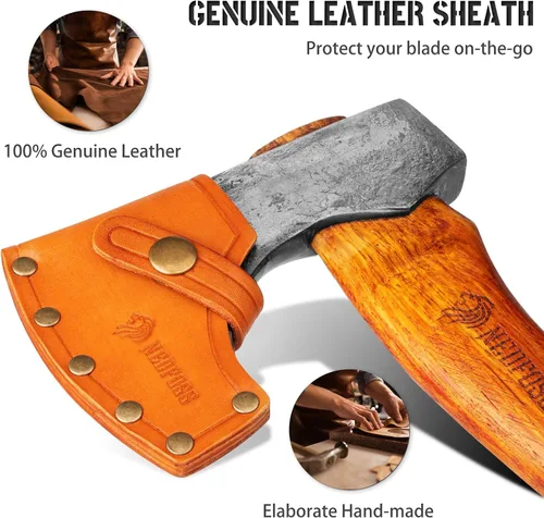 Vista 6 de NedFoss Hacha de 13 pulgadas con funda de cuero, Hacha de acero al carbono forjado, Hachas para acampar y supervivencia, Hacha barbuda con mango