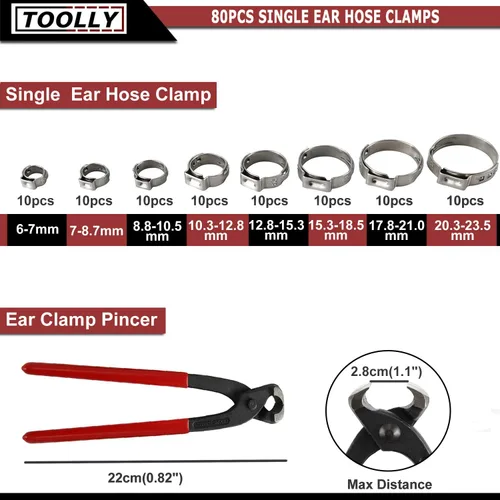 Vista 2 de Toolly 80 abrazaderas de manguera de oreja de acero inoxidable 304, juego surtido de abrazaderas Pex ajustables de 1/4 a 15/16 pulgadas con pinzas