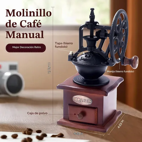 Vista 6 de Molinillo de café manual de madera vintage, molinillo de granos de café, molinillo de mano con rodillo, molinillo de café antiguo para hacer café
