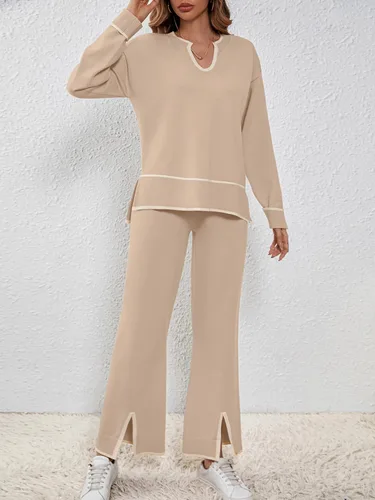 Vista 2 de SuperPrity Conjunto de 2 piezas de suéter para mujer, con cuello de muesca, manga larga, suéter de punto y pierna ancha
