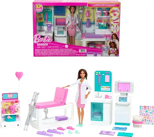 Barbie Juego de carreras de clínica de enyesado rápido con muñeca doctora de cabello castaño, muebles y más de 30 accesorios, incluyendo moldes y
