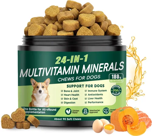 Vitaminas y suplementos 24 en 1 para perros, multivitamínico masticable con condroitina, probióticos Omega-3, glucosamina para perros, pelaje de