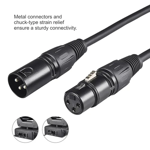 Vista 5 de Cable DMX de 50 pies, paquete de 2 cables DMX de 50.0 ft, 3 pines de señal XLR macho a hembra, cable DMX con conectores metálicos para transmisión
