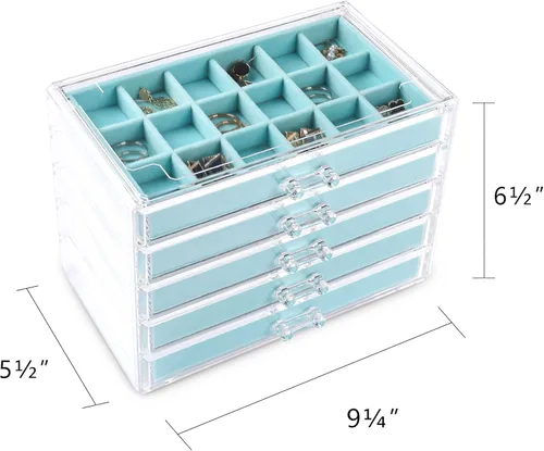 Vista 2 de Frebeauty Acrylic Jewelry Organizer,Earring Organizer Box with 5 Drawers Clear Jewelry Box with Velvet Trays for Women,Stackable Earring Display