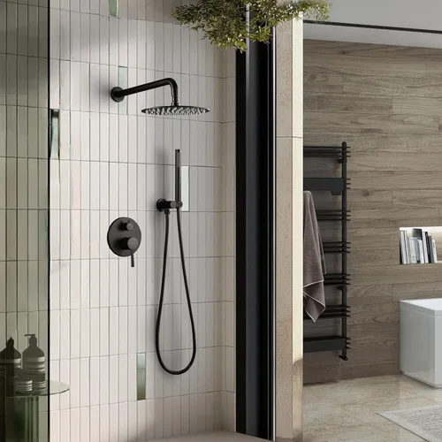 Vista 2 de Sistema de ducha de 10 pulgadas, juego de grifo de ducha negro mate de latón de montaje en pared, cabezal de ducha de lluvia de alta presión