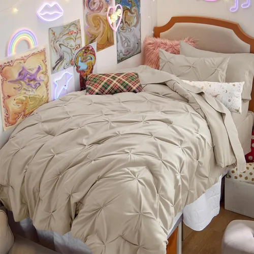 Vista 52 de Bedsure Juego de edredón tamaño individual XL, juego de ropa de cama extra largo de 5 piezas, cama plisada rosa en una bolsa con edredón, sábanas