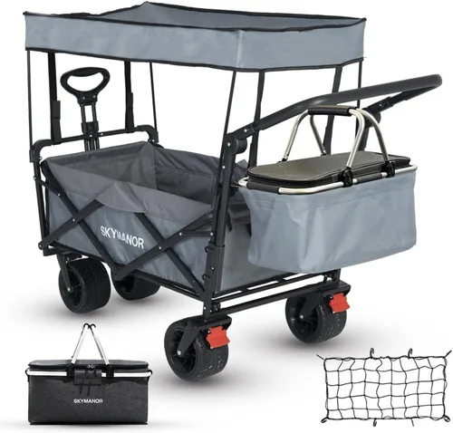 SKYMANOR - Carro plegable con toldo extraíble, carrito de jardín 3-en-1 de uso pesado con ruedas grandes para todo terreno, frenos, mango ajustable