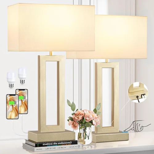Vista 8 de Juego de 2 lámparas de mesa para dormitorio de Seealle - Lámparas de mesita de noche doradas con tacto beige, puertos USB C+A, lámpara dorada