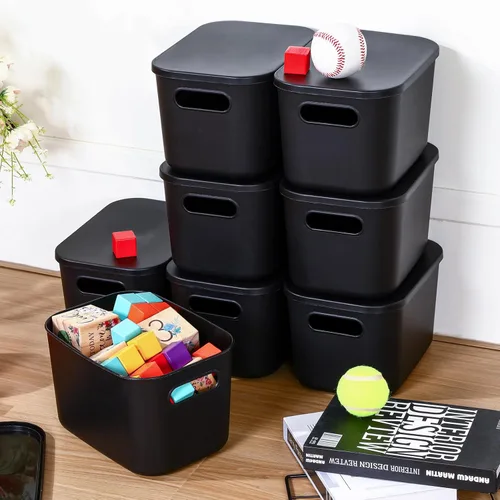 Vista 4 de Hoolerry 8 contenedores de almacenamiento coloridos con tapa, cesta de almacenamiento de plástico, contenedor organizador apilable con asa para Negro
