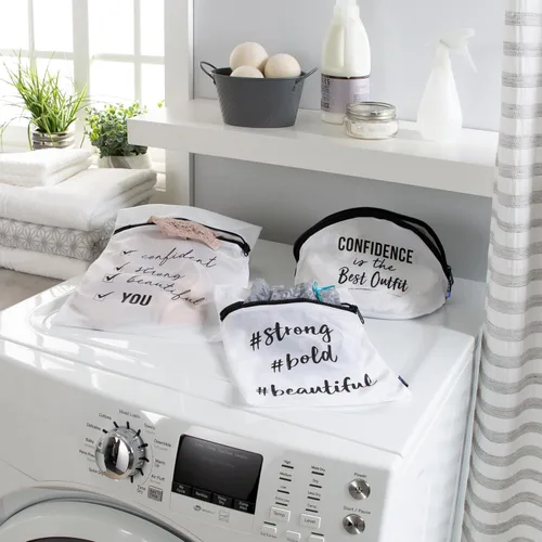 Vista 9 de Woolite Laundry 360 - Bolsas de lavado de malla impresas de 3 piezas con bolsa de sujetador, bolsa de lavandería de varios tamaños para delicados