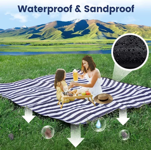 Vista 6 de sapsisel Manta de picnic extragrande de 80 x 80 pulgadas, impermeable y plegable, manta de playa de 3 capas para 6 a 8 adultos, para campamento