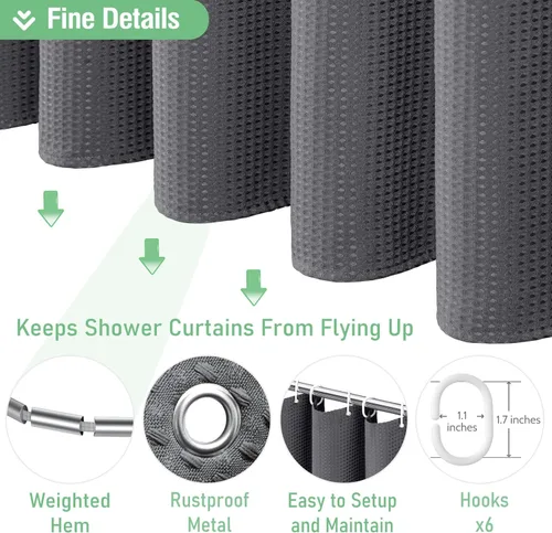 Vista 631 de Cortina de ducha de tela Dynamene verde oscuro - Cortinas de baño de tela de nido de abeja texturizadas resistentes, juego de cortinas de baño