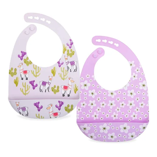 Vista 6 de Nuby Paquete de 2 baberos de silicona suaves ajustables fáciles de limpiar con cuchara, flechas y osos/zorros