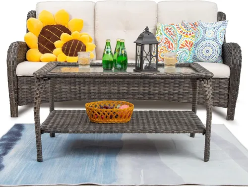 Vista 2 de Joyside Juego de muebles de patio de 2 piezas de mimbre para exteriores, juegos conversacionales con sofá de 3 asientos, mesa de centro de ratán