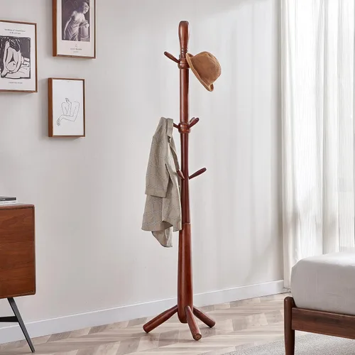 Vista 9 de SEMIR Freestanding Coat Rack, Wooden Coat Tree with 8 Hooks for Handbag and Hat, Sturdy Coat Rack Stand for Bedroom, Office, Entryway, Hallway