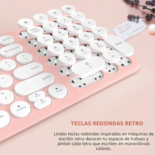 Vista 7 de Combo de teclado y mouse inalámbricos, 2.4 GHz, silencioso, delgado, lindo, redondo, tamaño compacto, color verde, Kawaii, juego de teclado retro