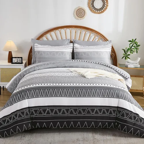 Vista 14 de WONGS BEDDING - Juego de edredón queen de 7 piezas, edredón geométrico de rayas negras y doradas estilo boho para cama queen en una bolsa, juego