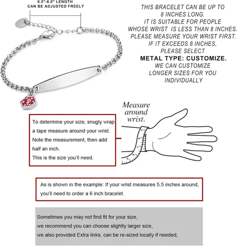 Vista 5 de LinnaLove-Pre-engraved Simple Rolo chain Medical alert id bracelet for Women