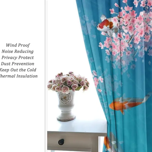 Vista 6 de Cortinas retro de pez japonés para dormitorio, estilo rústico, asiático, japonés, flor de cerezo, aislamiento térmico, oscurecimiento