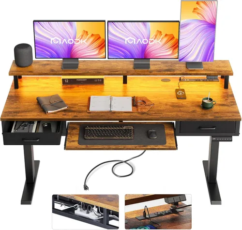Vista 13 de AODK Escritorio Eléctrico de Pie con Cajones y Bandeja para Teclado, Escritorio Ajustable en Altura de 55 Pulgadas con Tomas de Corriente y Luces