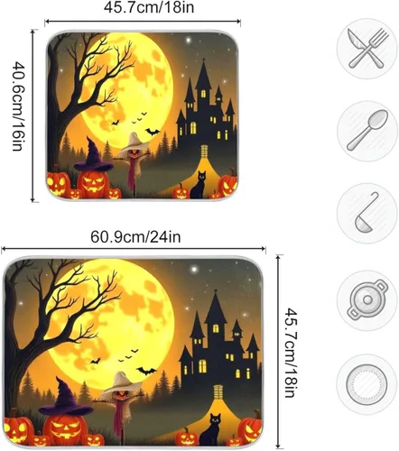 Vista 3 de Kcldeci Tapete de secado de platos Happy Halloween de 18 x 24 pulgadas, castillo espantapájaros, calabazas, otoño, almohadilla de secado de platos
