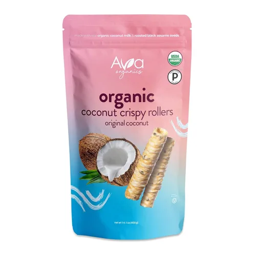 Vista 10 de Rodillos crujientes de canela y coco (bolsas de 2.8 onzas) Ava Organics - Sin gluten, sin OGM, kosher, vegetariano y certificado paleo, chips