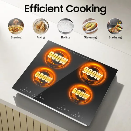 Vista 2 de Placa eléctrica de 4 quemadores, encimera de 3000 W 110 V y placa de cocina de cerámica integrada con control táctil de sensor, estufa eléctrica