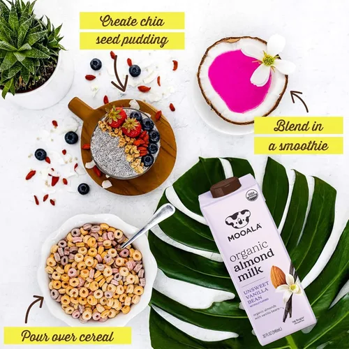 Vista 5 de Mooala – Leche de almendras orgánica en grano de vainilla, sin azúcar, 1 litro (paquete de 6) – Bebida estable en estantes, no lácteos, sin gluten