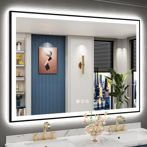 Vista 11 de Espejo de baño LED de 48 x 30 pulgadas con luces, retroiluminado + frontal iluminado, espejo de tocador con luz antiniebla para pared de baño con 3