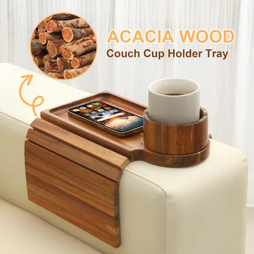 Vista 6 de Bandeja para portavasos de sofá, mesa de madera de acacia con soporte para teléfono, bandeja plegable grande para sofá para mesa de aperitivos