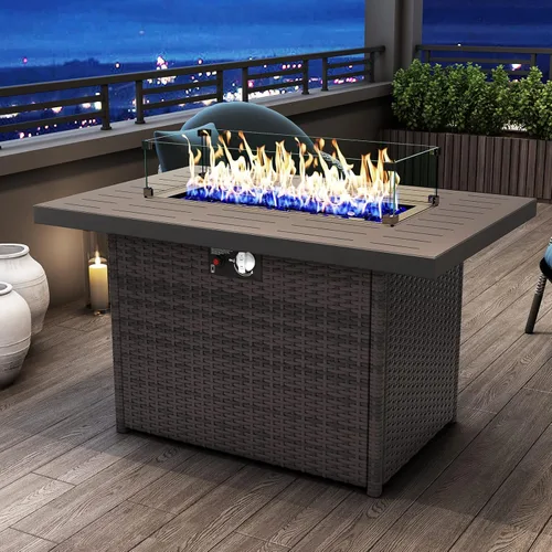 Vista 8 de Mesa para fogón de gas propano de 44 pulgadas para patio exterior, fogón rectangular al aire libre de mimbre de ratán de 60000 BTU con protector