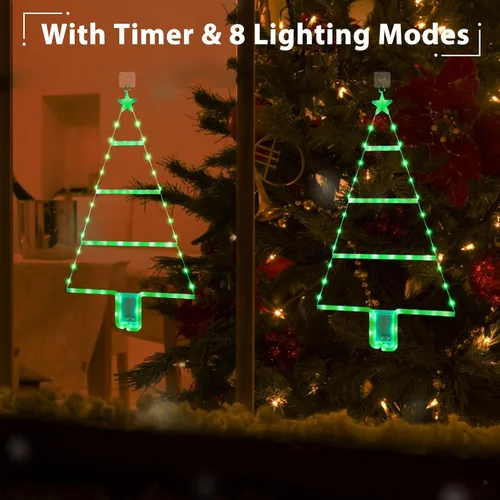 Vista 2 de LYHOPE Decoraciones navideñas - Luces LED de escalera, 2 pies, 8 modos y temporizador, funciona con pilas, verde