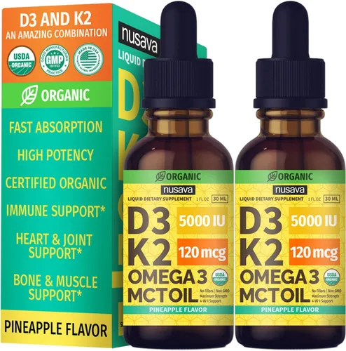 Vista 12 de Paquete de 2 gotas orgánicas de vitamina D3 K2 con aceite MCT Omega 3, 5000 UI, líquido de vitamina D de máxima fuerza, sin rellenos, líquido sin