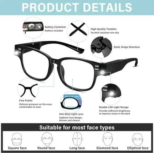 Vista 4 de Reading Glasses with Lights and Magnifier Bright LED Readers Lighted Magnifying Glasses Lighted Eyeglasses