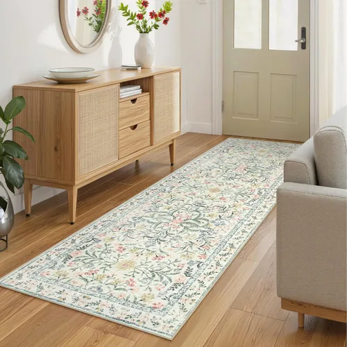 Wonnitar Alfombra Lavable de Pasillo 2'6''x8', Alfombra de Pasillo Floral Bohemia de 8 pies de Largo para Dormitorio, Alfombras Beige Suaves