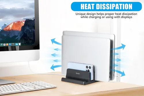 Vista 7 de Ryvlan Soporte vertical para laptop, almacenamiento ajustable de 3 ranuras para laptop con acolchado de goma, soporte múltiple para computadora