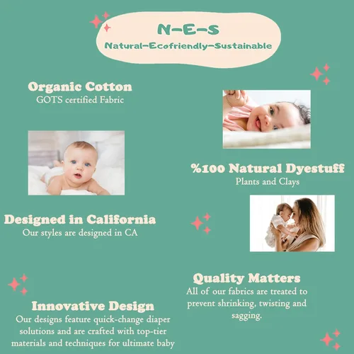 Vista 8 de N-E-S, 100% algodón orgánico, teñido natural, mameluco convertible para bebés y niñas, cremallera de 2 vías de una sola pieza, puños y pies