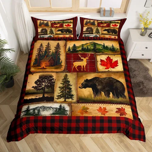 Vista 40 de Funda de edredón rústica tamaño Queen, juego de ropa de cama retro para cabaña de cabaña, oso de caza, ciervo, hojas de arce, funda de edredón
