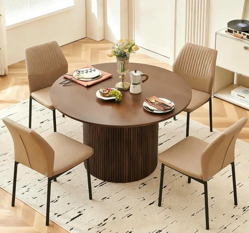 Vista 45 de Juego de mesa de comedor para 4, mesa de cocina redonda de madera de 47 pulgadas con sillas de piel sintética para cocina y espacios pequeños