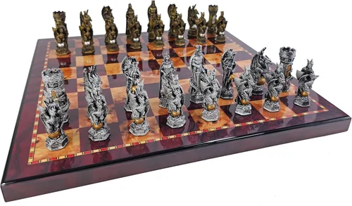 Vista 2 de King Arthur Dragon Medieval Times - Juego de piezas de ajedrez con tablero de color cereza de 18 pulgadas