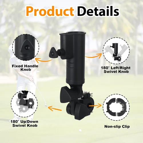 Vista 3 de Soporte para paraguas compatible con Clicgear, ajustable para carrito de empuje, resistente al viento y almacenamiento compacto, para cortacésped