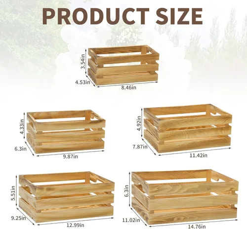 Vista 2 de 5 piezas de cajas de madera decorativas para exhibición, 5 tamaños grandes de cesta de madera estilo granja para contenedor de almacenamiento