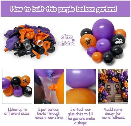 Vista 4 de Kit de arco de globos de Halloween, guirnalda de globos de doble relleno, color negro, morado, naranja, globos naranja quemado con globos
