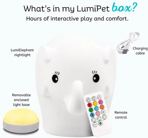 Vista 5 de LumiPets Eggbert the Elephant - Luz nocturna blanda para niños Luz nocturna de silicona con toque, control remoto Luz recargable de animales que