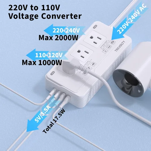 Vista 2 de Convertidor de voltaje de 2000 W de EE. UU. a Europa para secador de pelo, convertidor de 220 V a 110 V para viajes europeos con 3 AC 2 USBC 2