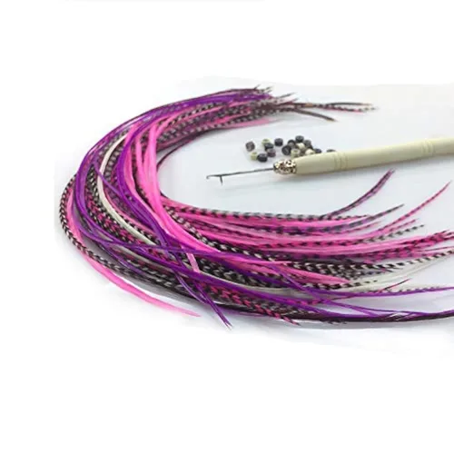 Feather Hair Extension 20 plumas de gallo reales en mezcla rosa y morado, que van de 8 a 11 pulgadas, incluye cuentas y kit de herramientas de bucle
