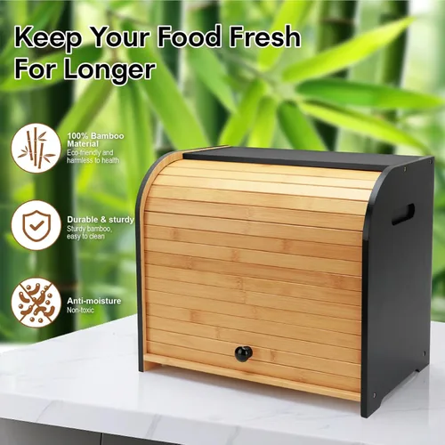 Vista 6 de Panera para Encimera de Cocina, Contenedor de Almacenamiento de Pan de Bambú de Doble Capa para Pan Casero, Panera con Tapa Enrollable con 3 Alturas